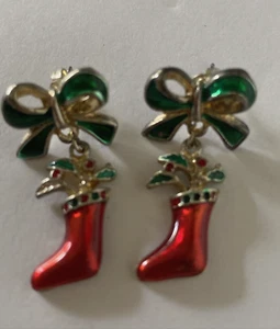 Christmas Earrings Green Bow Red Santa Stockings Pierced Silver Plate - Picture 1 of 6