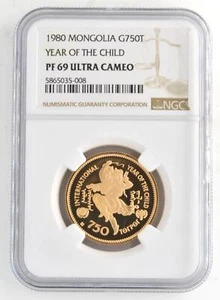 1980 Mongolia 750 Tugrik .900 Gold Coin Year of the Child NGC PF69 Ultra Cameo - Picture 1 of 2