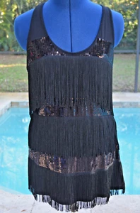Womens LARGE Brand xxi "1920's Theme" Black Flapper Cosplay DRESS Sequin/ Fringe - Picture 1 of 7