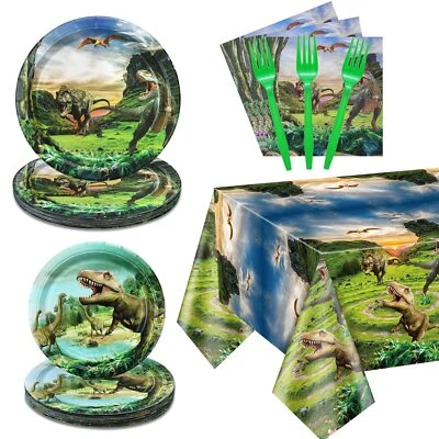 Decoraciones de cumpleaños de dinosaurios - Juego de vajilla de papel de dinosaurio 81 piezas incluido... Foto 1 de 4