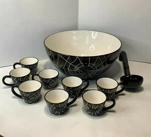 Retired Spirit Halloween Creepy Spider Punch Bowl Set w/8 Spider Cups/Ladle Box  - Picture 1 of 11