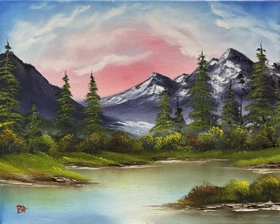 Mountain Lake Oil Painting, Pink & Blue Sky, Fall 16x20” Canvas, Bob Ross Style - Image 1 of 4