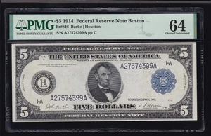 US 1914 $5 FRN Boston Note Burke/Houston FR 846 PMG 64 Ch CU (399) - Picture 1 of 2