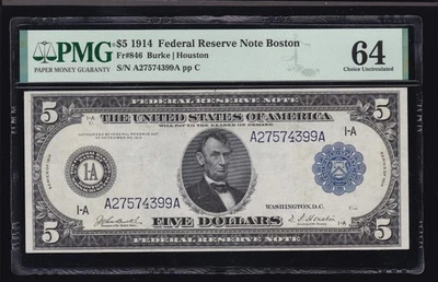 US 1914 $5 FRN Boston Note Burke/Houston FR 846 PMG 64 Ch CU (399) - Image 1 of 2