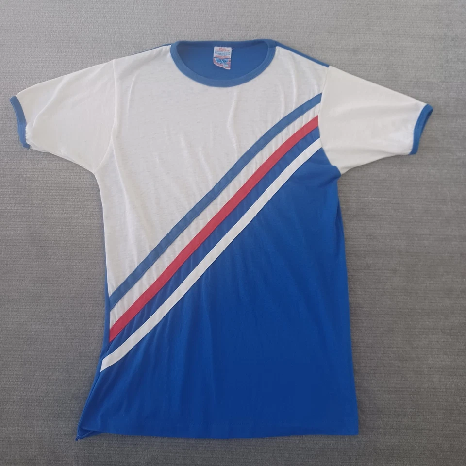 Camiseta De Colección Años 70 Para Hombre S Azul Perma Prest Sears Varsity Race Timbre a Rayas Foto 1 de 4