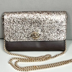 Coach Glitter Turnlock Chain Crossbody Clutch F38963 Gold/Platinum/Dark Brown - Picture 1 of 23
