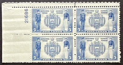 US 1937 Sc# 794 Plate # Block of 4 - MNH Naval Academy Seal 5c - Image 1 of 2
