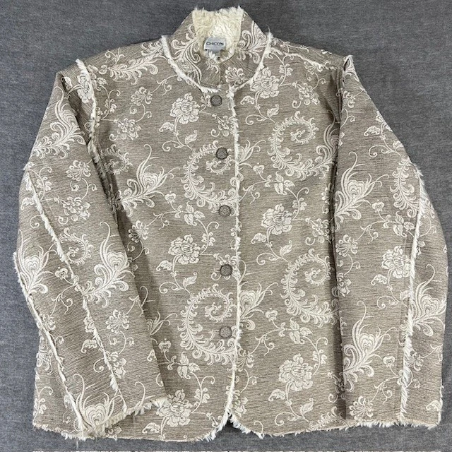 Chaqueta tapiz Chico's para mujer talla 2 L grande marfil floral forrada sherpa mandarín Foto 1 de 4