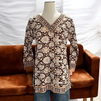 Túnica Floral Marrón Sakkas Boho Chic Algodón Ligero India Yoga Playa Festival Foto 1 de 4