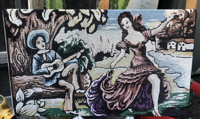 Beautiful Finished Cross Stitch Dancing Girl And Boy Playing Guitar 30”x18” - Image 1 of 4