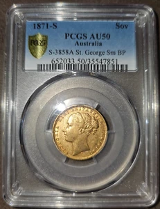 1871-S Gold Sovereign, Young Head, Shield, PCGS AU50 Australia Mint .917 / 22ct - Imagen 1 de 3