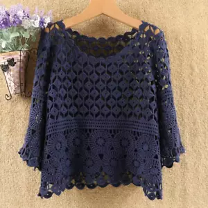 Ladies Lace Crochet Hollowed Out Cropped Top Pullover Shirt Retro Daily Party - Picture 1 of 16