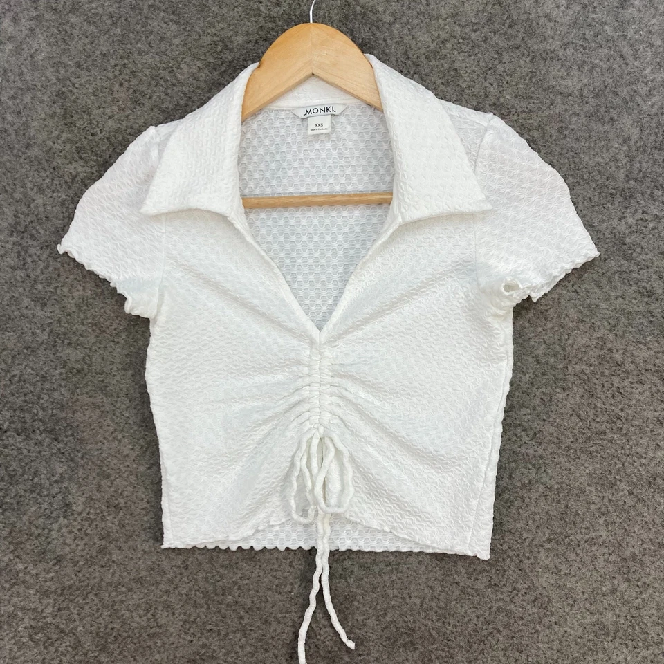 Monki Top Womens 2XS White Cropped Short Sleeve Collared Stretch Shirt 32929 — 第 1/4 张图片