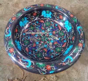 12" Schwarz Marmor Obstschale Türkis Elefant Stein Floral Intarsien Dekore H2813 - Bild 1 von 4