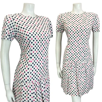 MINIVESTIDO DE COLECCIÓN AÑOS 60 BLANCO ROSA AZUL MARINO MOD LUNARES GEOMÉTRICO CINTURA CAÍDA 12 Foto 1 de 4