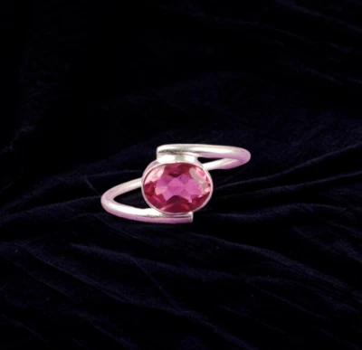 Pink Tourmaline Gemstone Oval 925 Sterling Silver Handmade Jewelry Ring Gift For - Image 1 of 3