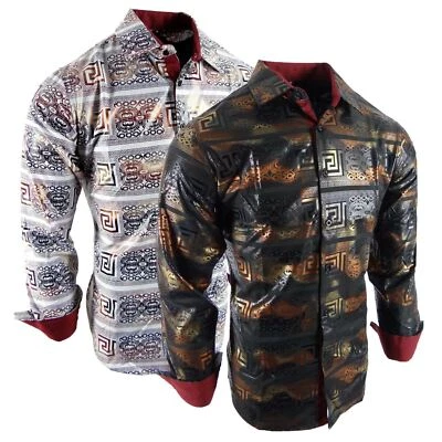 Camisa Para Hombre Lujo Italiana Rayas Floral Brillante Dorado Bronce Lámina Abotonada Elastizada Foto 1 de 4