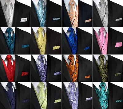 Chaleco de Esmoquin de Cachemira para Hombres, Corbata, Pañuelo Conjunto Formal Boda Baile de graduación Crucero Regreso a Casa Foto 1 de 4