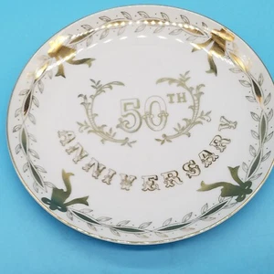 Placa vintage Lefton China 50 aniversario pintada a mano hoja de oro 9 1/4" - Imagen 1 de 3