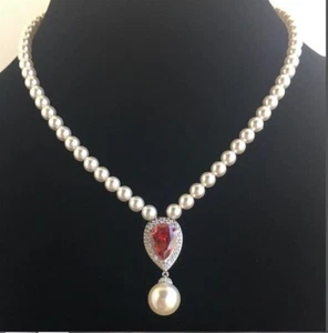Gorgeous Pearl with Red Ruby Cubic Zircon Teardrop Silver Necklace Birthday Gift - Picture 1 of 3