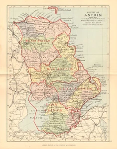 COUNTY ANTRIM. Antique county map. Ulster Belfast Lisburn. BARTHOLOMEW 1886 - Picture 1 of 2