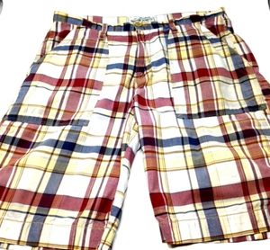 Mens Madras Plaid Shorts 34 X 10 Classic Preppy Flat Front Blue Red Nautica - Picture 1 of 12