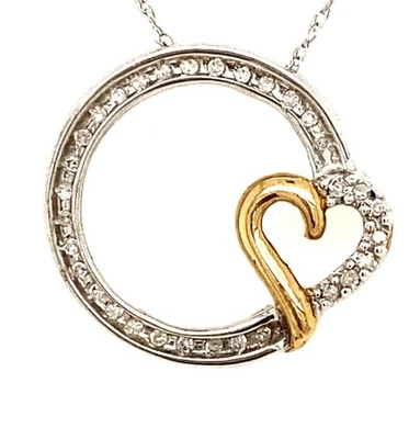 Colgante círculo diamante oro blanco 10K con colgante corazón oro amarillo y cadena 18" Foto 1 de 4