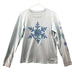 Camiseta trituradora manga larga Life Is Good para mujer S azul copo de nieve vacaciones - Imagen 1 de 8