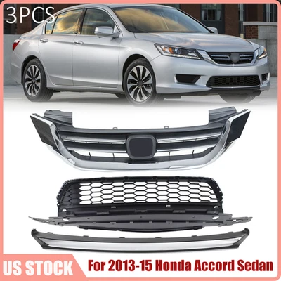 Front Upper & Lower Grille + Chrome Molding Trim For 2013-2015 Honda Accord 4Dr - Image 1 of 4