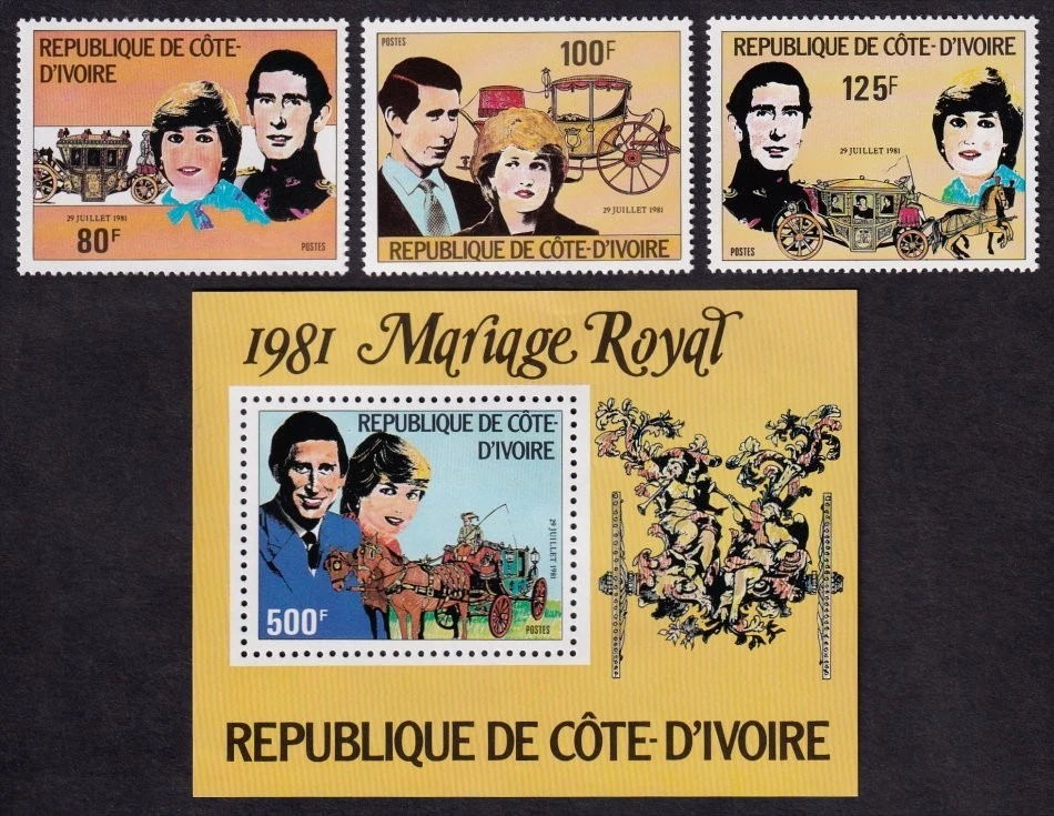 Costa de Marfil, Juego de Boda Real 1981 + Hoja de Recuerdo, Excelente Sin Montar Como Nuevo MNH Foto 1 de 1