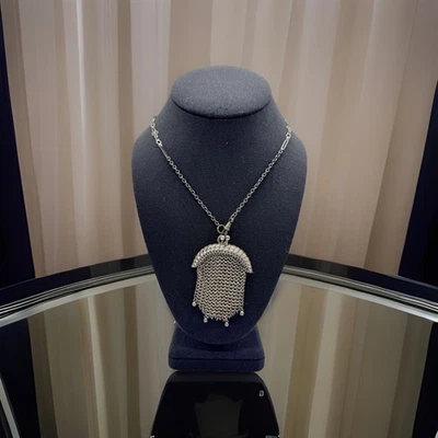 Antique Mesh Mini Purse Sterling Silver Flapper 60" Chain Black Purple Accents - Image 1 of 4