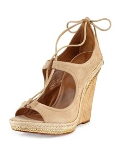 Aquazzura Christy lace-up beige suede wedges sandal heels size IT 36.5 US 6.5 - Picture 1 of 20