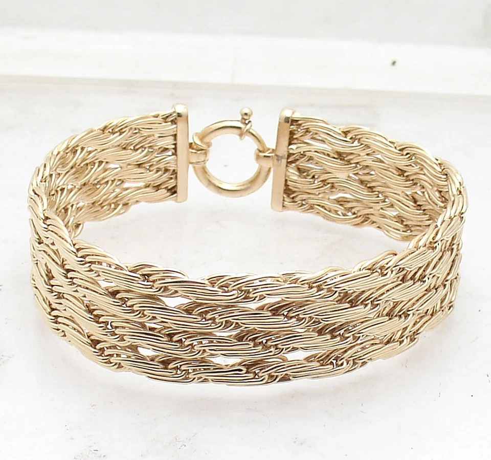  Brazalete Technibond Brillante Cuatro Filas Cuerda Plana Eslabón Chapado en Oro Amarillo 14K Plata Foto 1 de 4