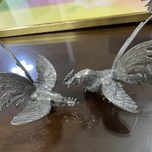Vintage Silver Colored Brass Fighting Chickens From Italy 6” X 5” - Picture 1 of 23