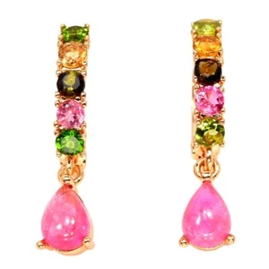 NATURAL MULTI COLOR TOURMALINE PEAR & ROUND BRASS YELLOW GOLD PLATED EARRING - Picture 1 of 6
