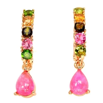 NATURAL MULTI COLOR TOURMALINE PEAR & ROUND BRASS YELLOW GOLD PLATED EARRING - Image 1 of 4