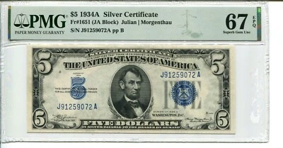 FR 1651 1934A $5 Silver Certificate PMG 67 EPQ SUPERB GEM UNCIRCULATED - Image 1 of 2
