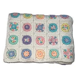 Floral Granny Square Baby Toddler Afghan Blanket Raised Flowers 36x54 - Picture 1 of 14