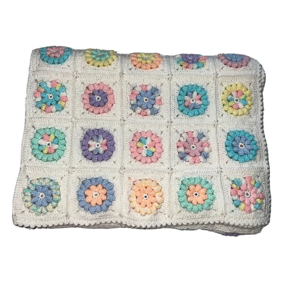 Floral Granny Square Baby Toddler Afghan Blanket Raised Flowers 36x54 - Image 1 of 4