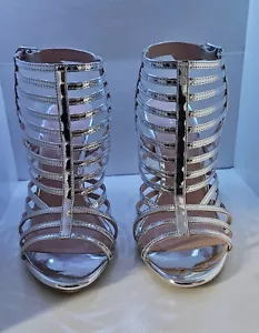 Women Silver Open Heel And Toe Strappy Shoes With Adjustable Straps Size 7.5 - Picture 1 of 7