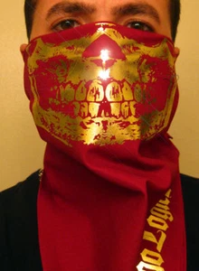 BURGUNDY RED GOLD SKULL BANDANA MASK BIKER GLOW GRILL CHOLO FACE MASK WARMER - Picture 1 of 1