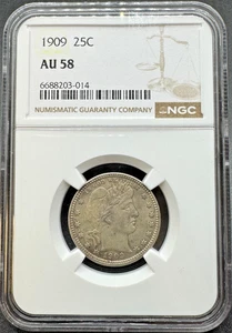 Cuarto de plata barbero 1909 NGC AU58 11EBB25 - Imagen 1 de 4