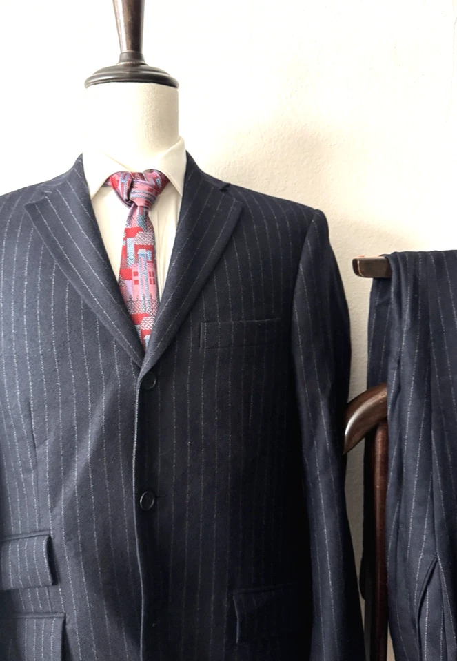Paul Fredrick Suit Men's 40R - 33W x 29L Flannel Wool 3-Button Black Striped Euc - Image 1 of 4
