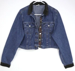 VTG Lee Floral Accent Blue Jean Denim Jacket Corduroy Collar Womens Large USA - Picture 1 of 14