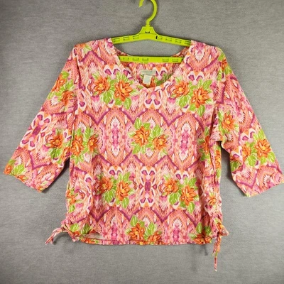 Camisa Caribbean Joe Mujer 2X Rosa Naranja Floral Cordón Acanalado Manga 3/4 Foto 1 de 4
