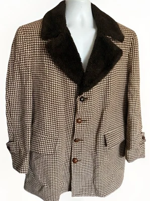 Mcgregor VTG Houndstooth Marlboro Rancher Coat Men’s 44 Faux Fur Collar Brown  - Image 1 of 4