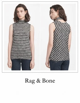 Rag & Bone Thea Tank Top Medium M Black Grey Striped Mock Neck Sleeveless - Image 1 of 4