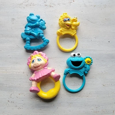 4 Vtg Sesame Street Plastic Baby Rattle Teething Toys Lot Remco 1989 - Image 1 of 2