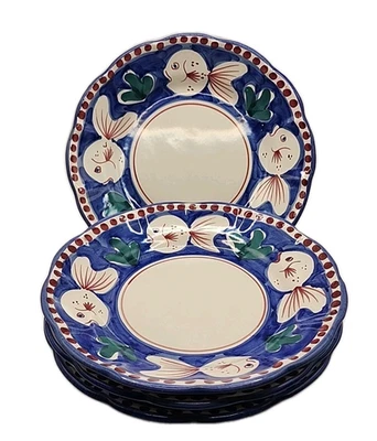 Vietri Campagna Pesce Pescado Azul Real Punto Rojo Border Juego de 4 Platos de Ensalada 8 3/8" Foto 1 de 4