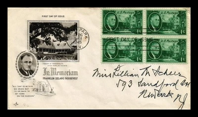 DR JIM STAMPS US COVER ROOSEVELT MEMORIAM HYDE PARK FDC SCOTT 930 BLOCK OF 4 - Image 1 of 2